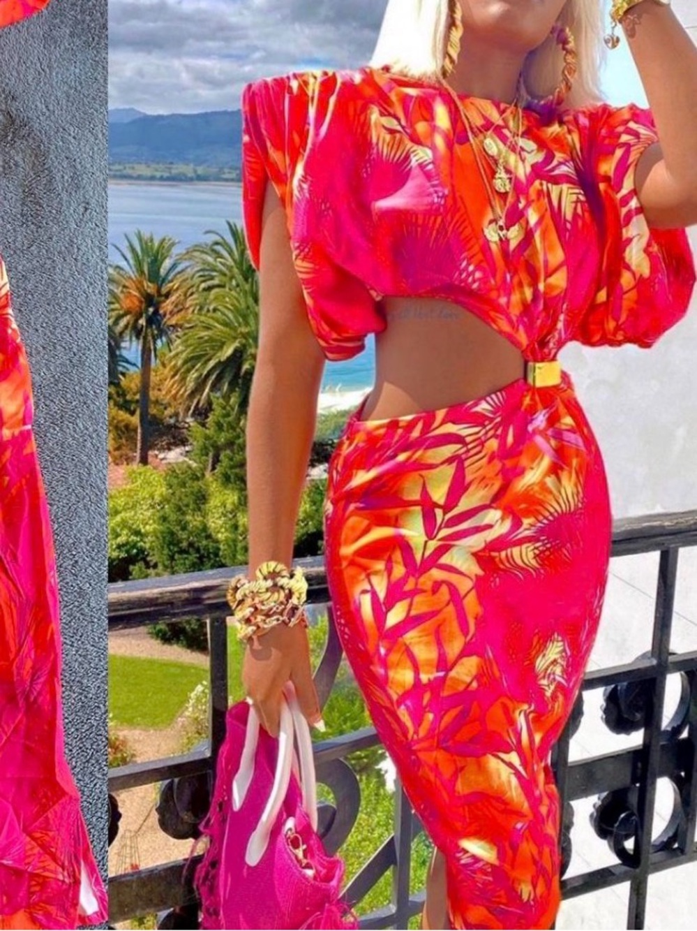 Elegant Pink and Orange Side Cut-Out Midi Dress